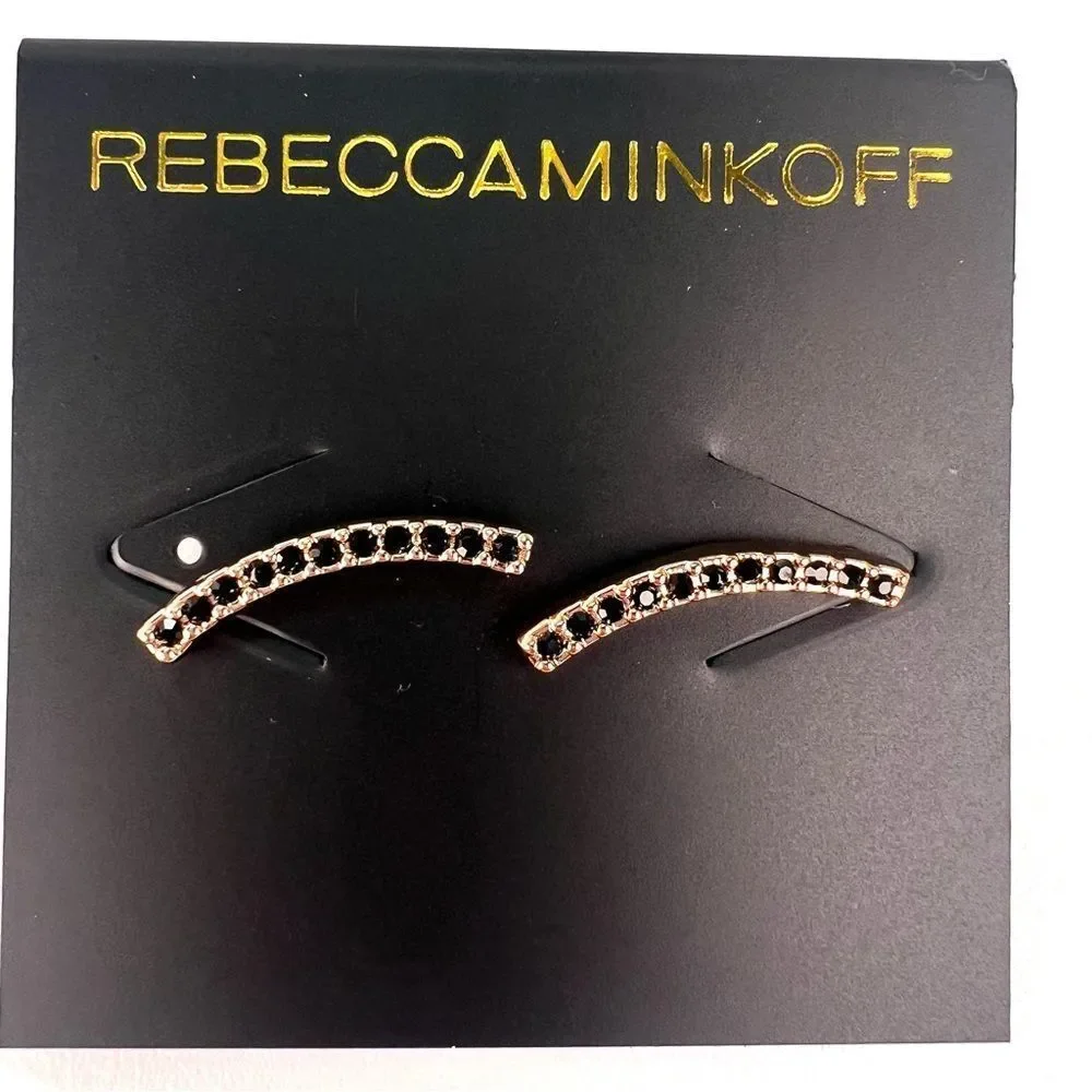 Rebecca Minkoff rose gold tone and Black Crystal curved bar‎ stud earrings NWT